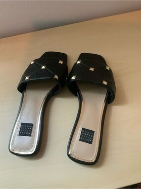 White House Black Market Black Quilted Slide Sandals with Gold Studs